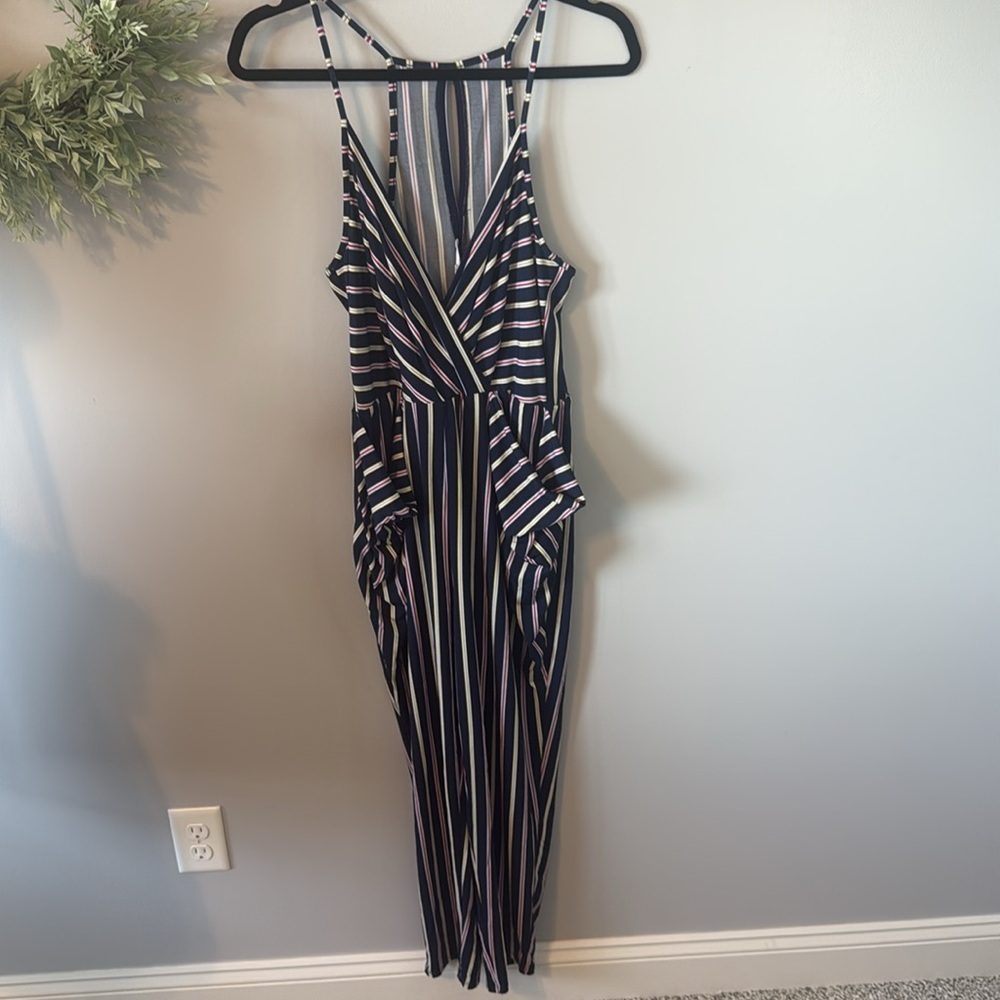 NWOT BCBGeneration Navy and Red Striped V-Neck Sleeveless Jumpsuit Size Medium